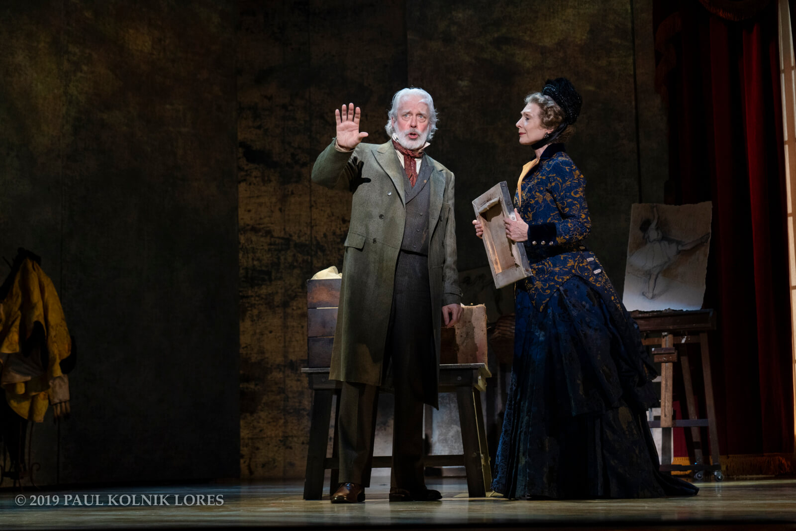 Degas (Terrence Mann) singing "Never Done Before" to Mary Cassatt (Dee Hoty) in the musical Little Dancer.