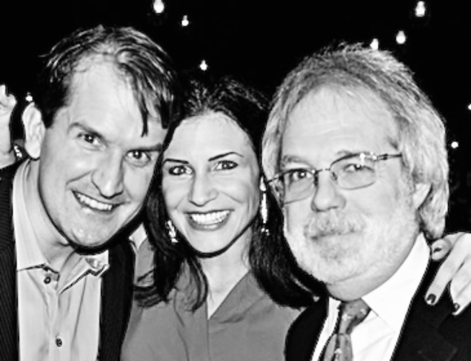 A black and white photo pictured from left to right: James Moye, Jenny Powers, and John Weidman.