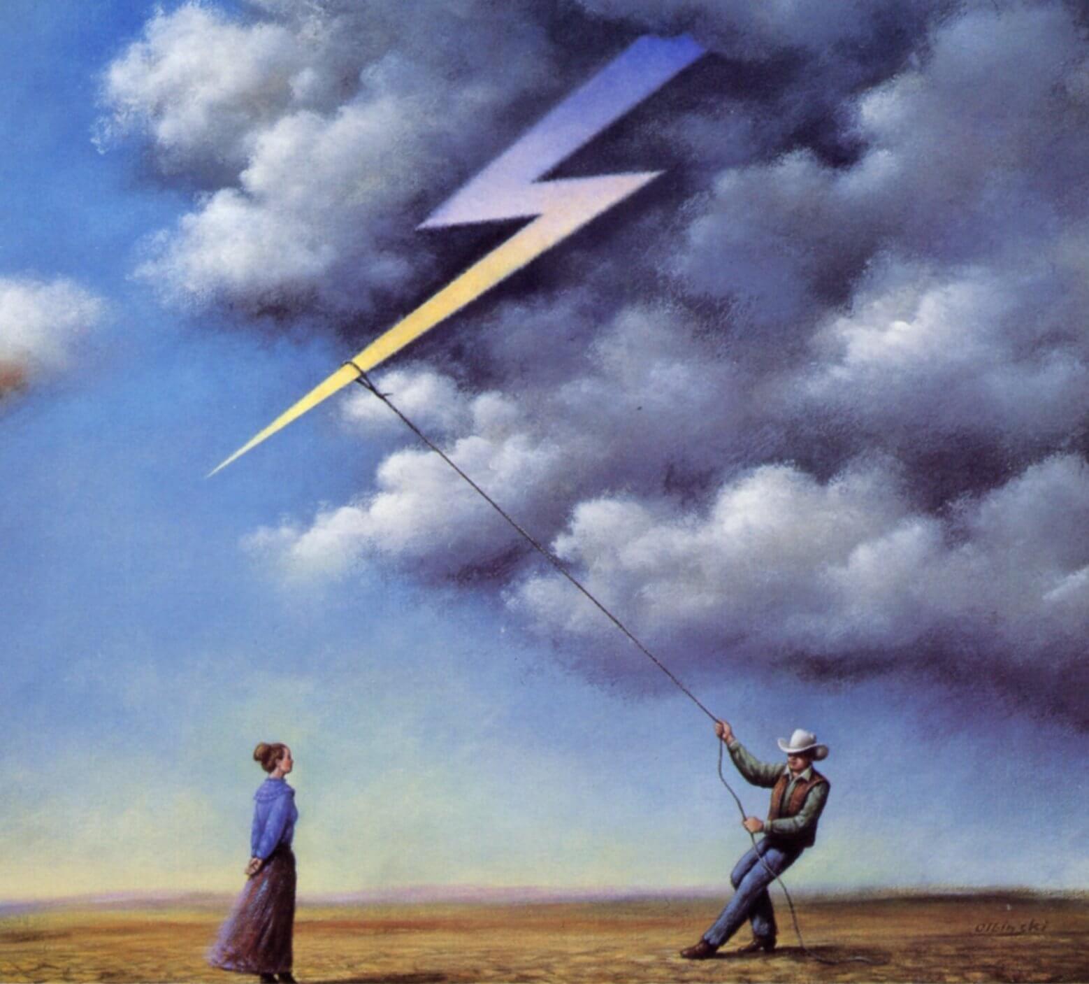 The logo artwork for 110 in the Shade, which shows a painting of a man lassoing a bolt of lightening from the sky, in the middle of a field under heavy dark clouds. A woman in a bun, blue shirt, and brown skirt is watching him from a distance.