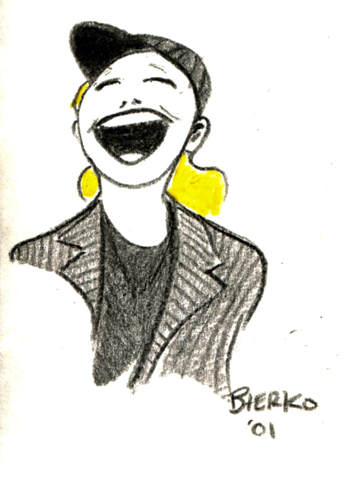 Craig Bierko's charcoal drawing of Susan Stroman: shown in an Al Hirshfeld style drawing, wearing signature black suit, black baseball hat, and sporting blonde hair while laughing.