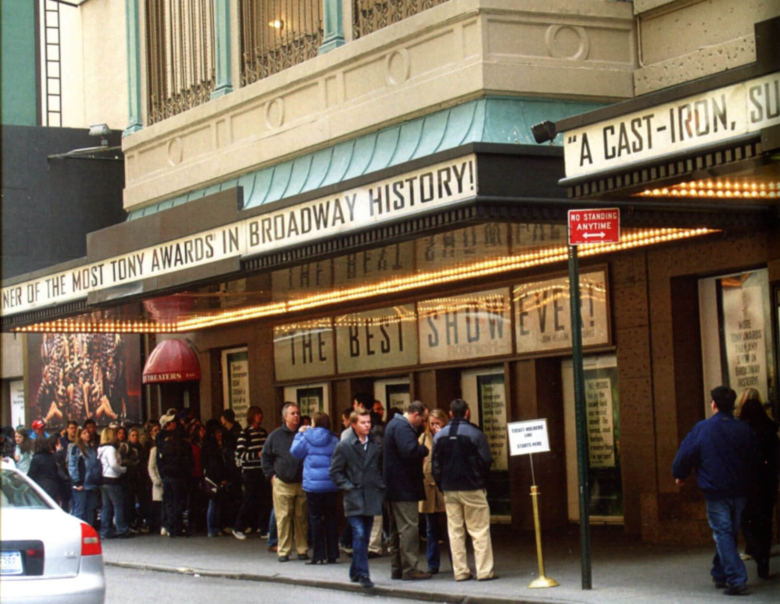 A large crowd is in line for the St. James Box Office to get tickets to The Producers