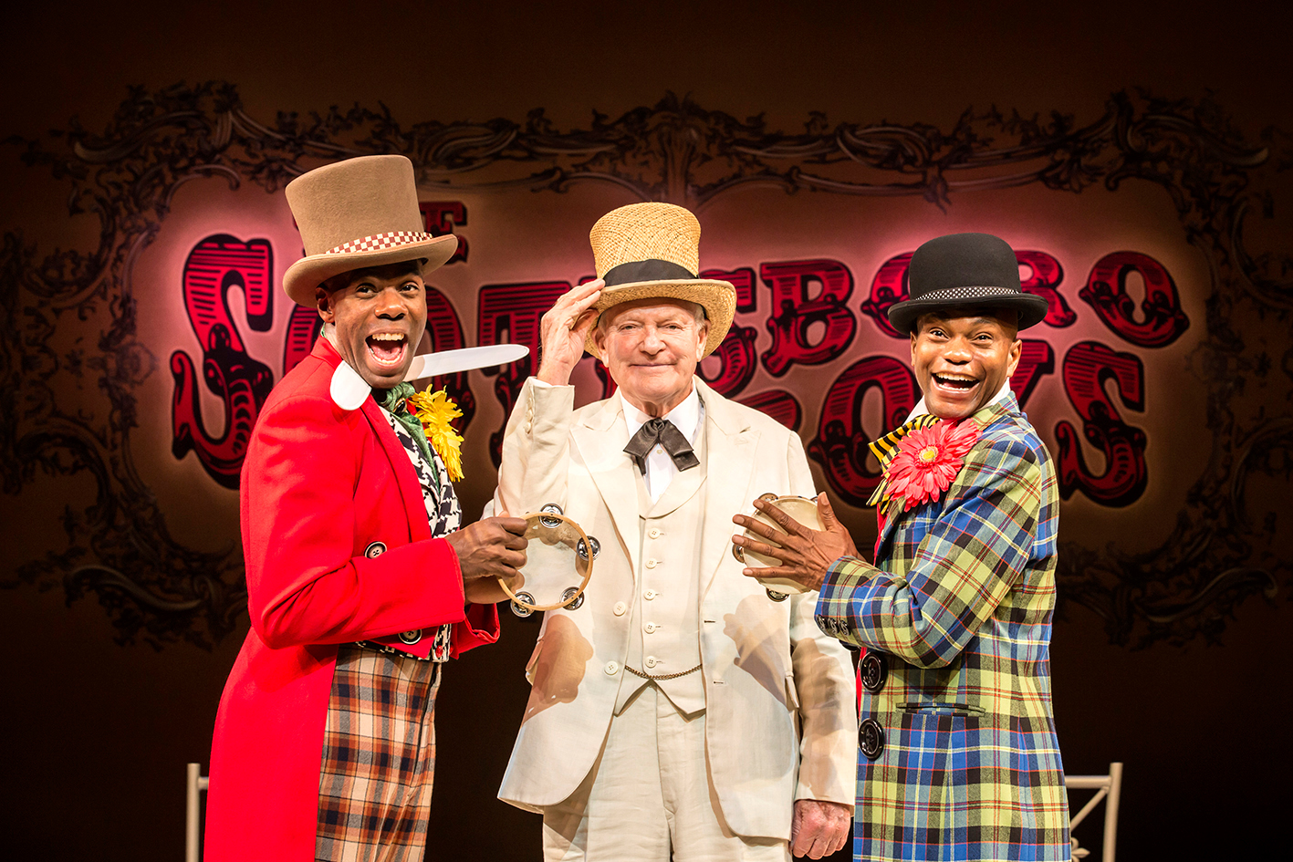 Mr. Tambo (Coleman Domingo), The Interlocutor (Julian Glover) and Mr. Bones (Forrest McClendon) telling a joke.