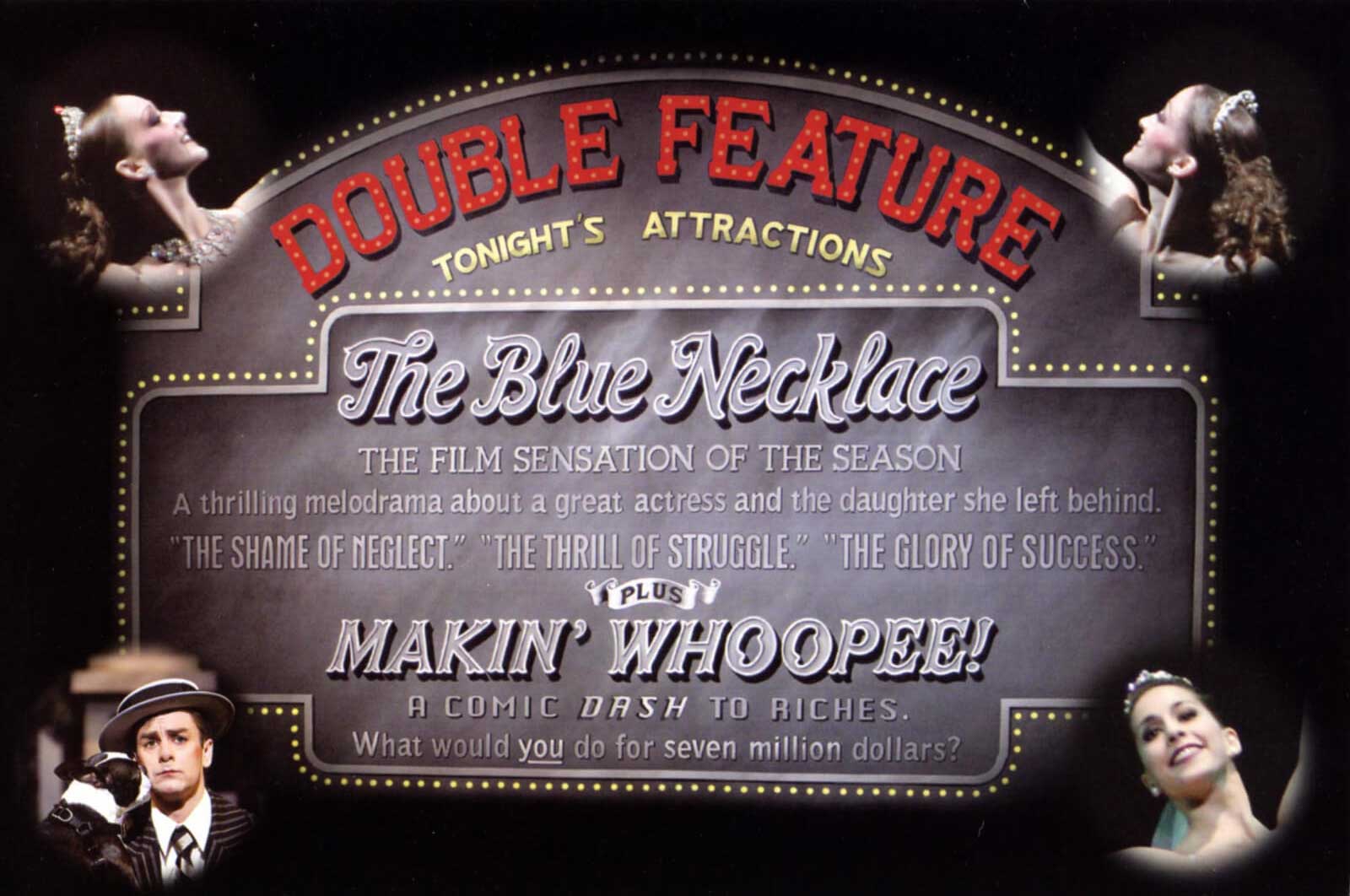Official mailer card for Double Feature in the style of an old movie with "The film sensation of the season" and "What would you do for seven million dollars?"