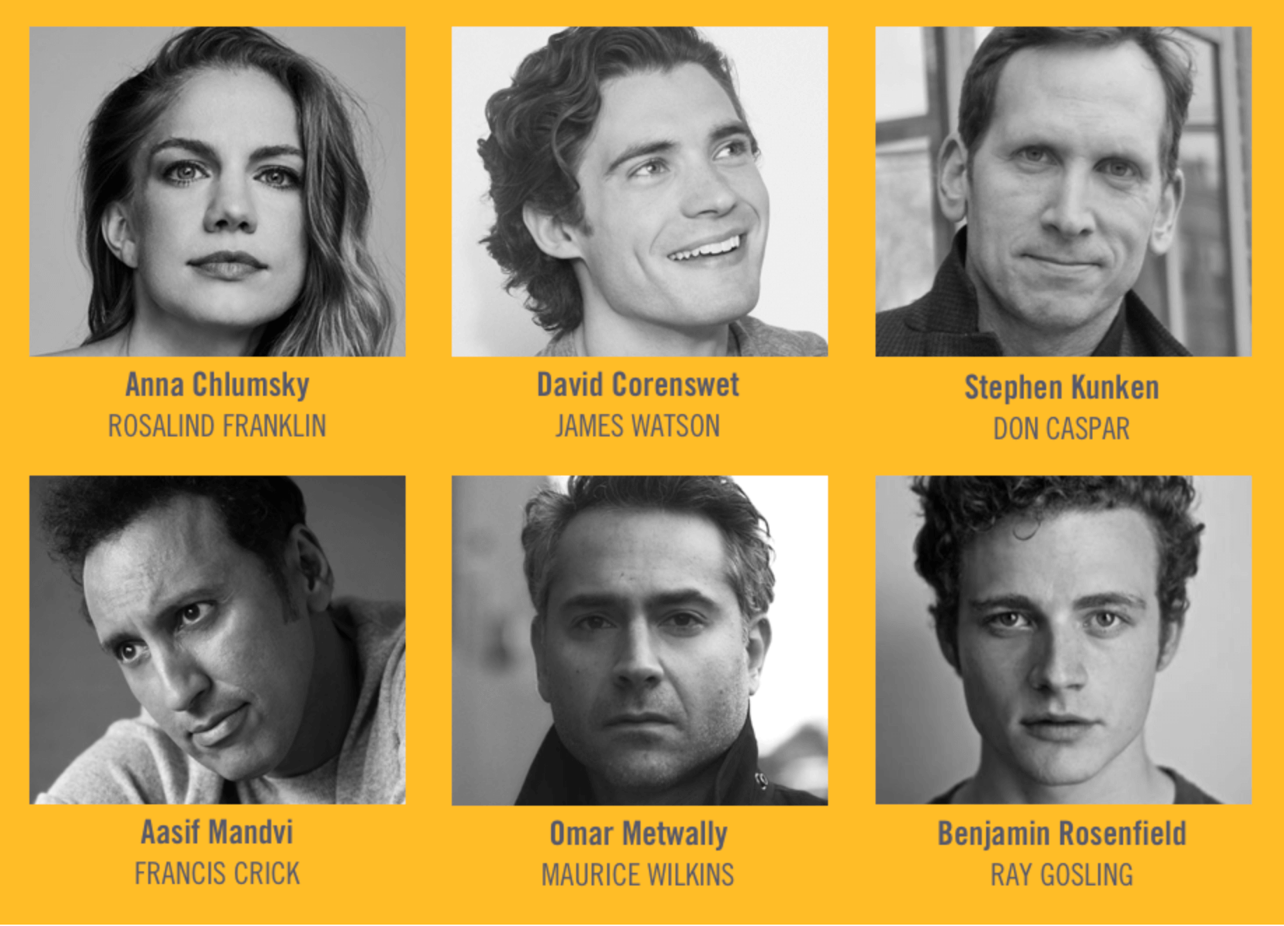 The cast of the Audible/Williamstown Theatre Festival production: black and white square headshots on the orange background.