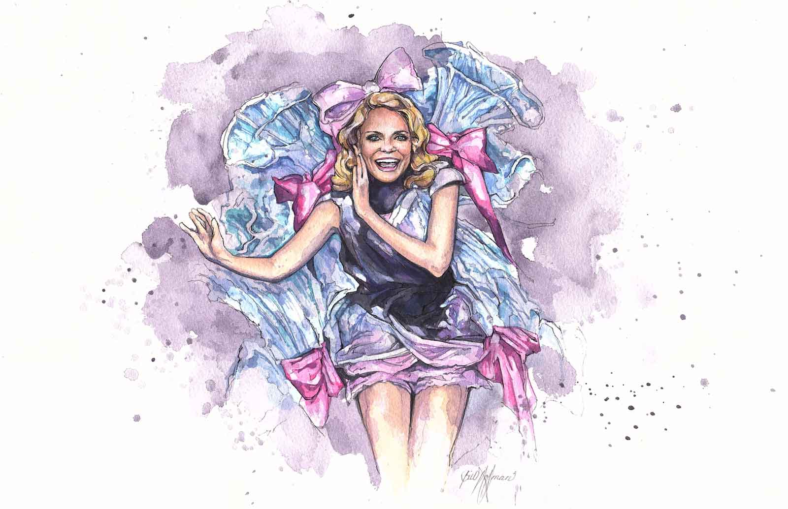 A watercolor of Kristin Chenoweth who made her Broadway Debut in Steel Pier as Precious McGuire singing "Two Little Words". Watercolor by Bill Hoffman.