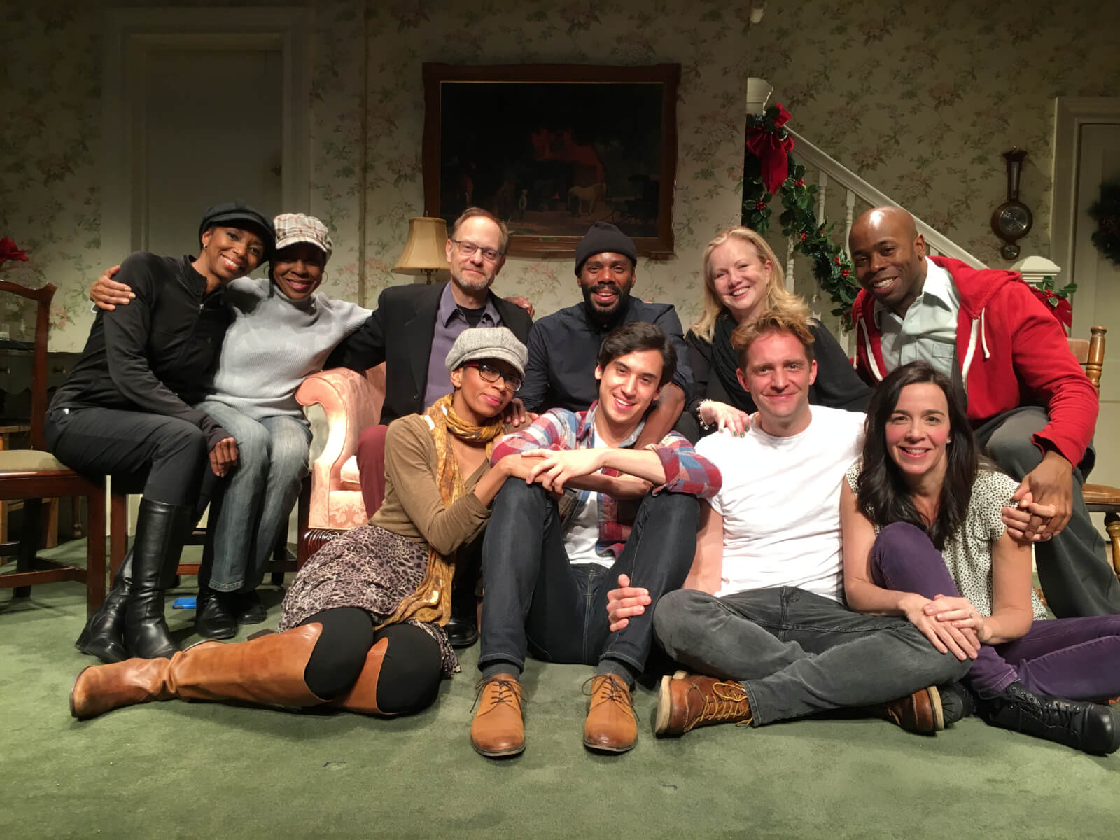 Moderator David Hyde Pierce, Writer Colman Domingo, Director Susan Stroman, and the cast of Dot on the stage of the Vineyard Theater. They are on the set and clumped around a couch.