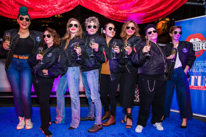 First Preview with Cast and Playwright. From left to right, standing with aviator glasses and matching bomber jackets: Lilli Cooper, Rachel Dratch, Julianne Hough, Julie White, Suzy Nakamura, Vanessa Williams, Lea DeLaria, Selina Fillinger.