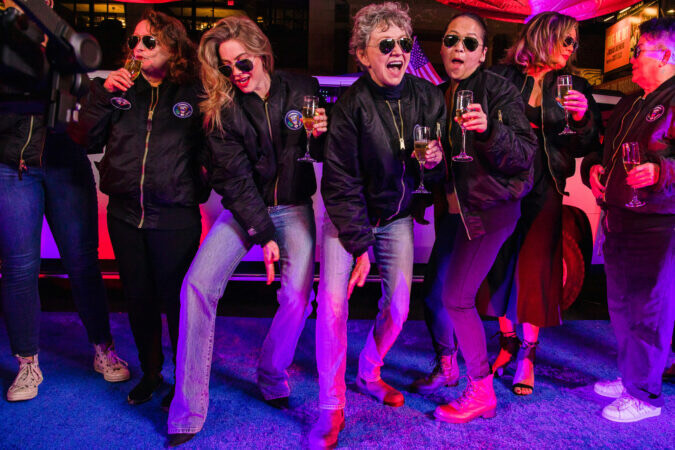 First preview cast celebration with(left to right) Lilli Cooper, Rachel Dratch, Julianne Hough, Julie White, Suzy Nakamura, Vanessa Williams, and Lea DeLaria. All are joyful.
