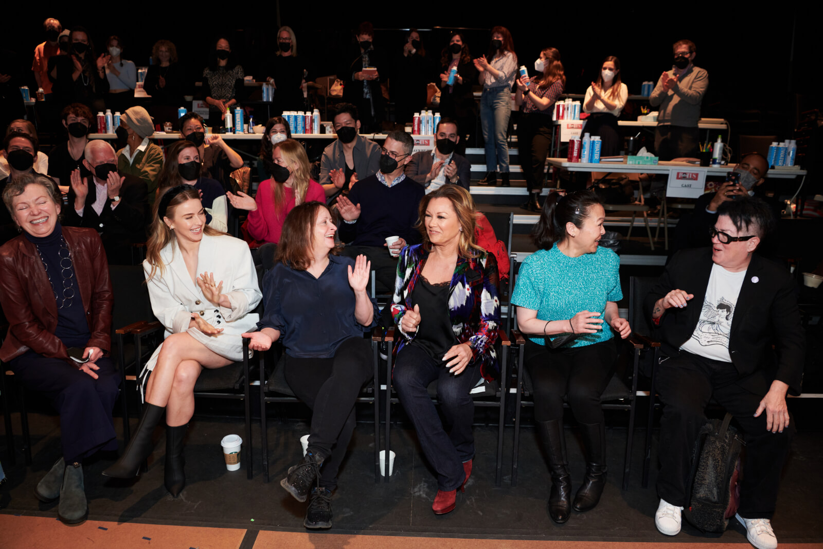 Seated from left to right are Julie White, Julianne Hough, Rachel Dratch, Vanessa Williams, Suzy Nakamura, Lea DeLaria