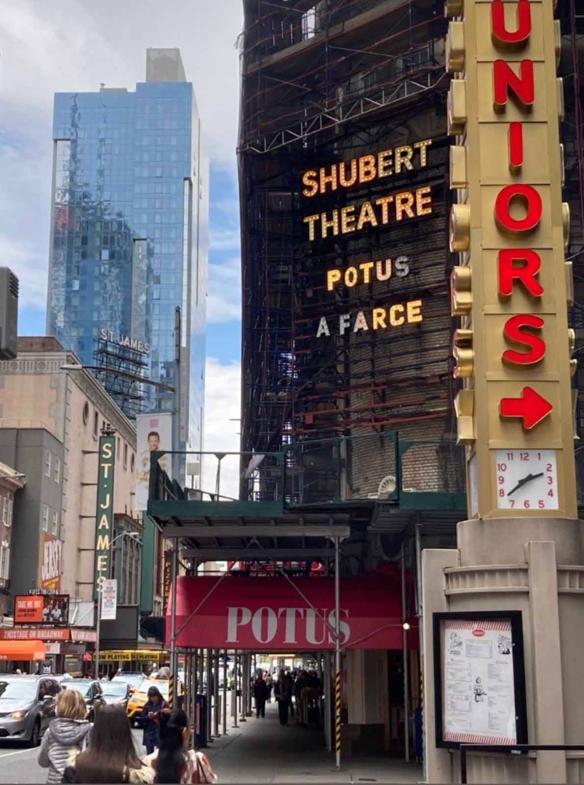 The Shubert Theatre with "POTUS: A FARCE" spelled out in lights.