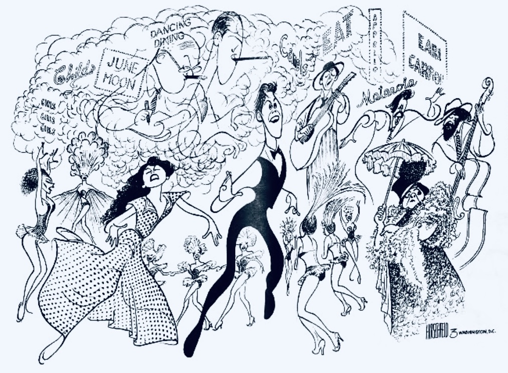 Al Hirschfeld drawing of Crazy For You. In his signature style, we see Bobby, Polly, Mother, Zangler in a cloud of marquees and dancing girls.