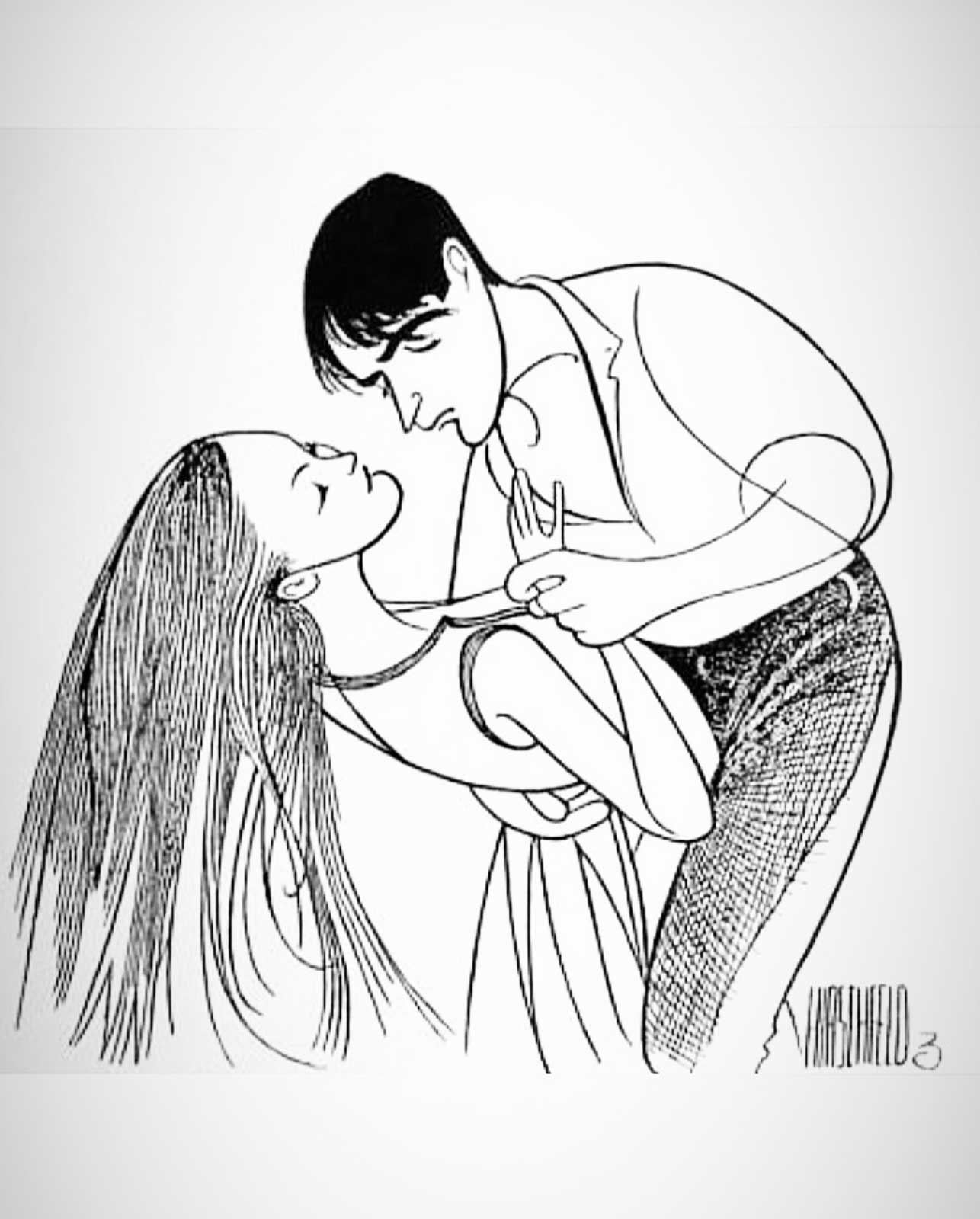 Black and white Al Hirschfeld's drawing of Ashley Judd and Kyle Chandler dancing in Picnic. Judd is being dipped by Chandler, with long hair dangling.