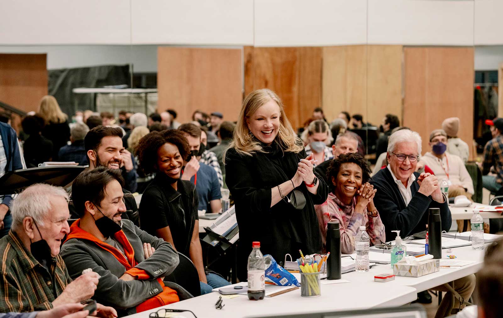 John Kander, Lin-Manuel Miranda, Phil Colgan, Jenny Laroche, Susan Stroman, Sharon Washington & David Thompson at rehearsal table.