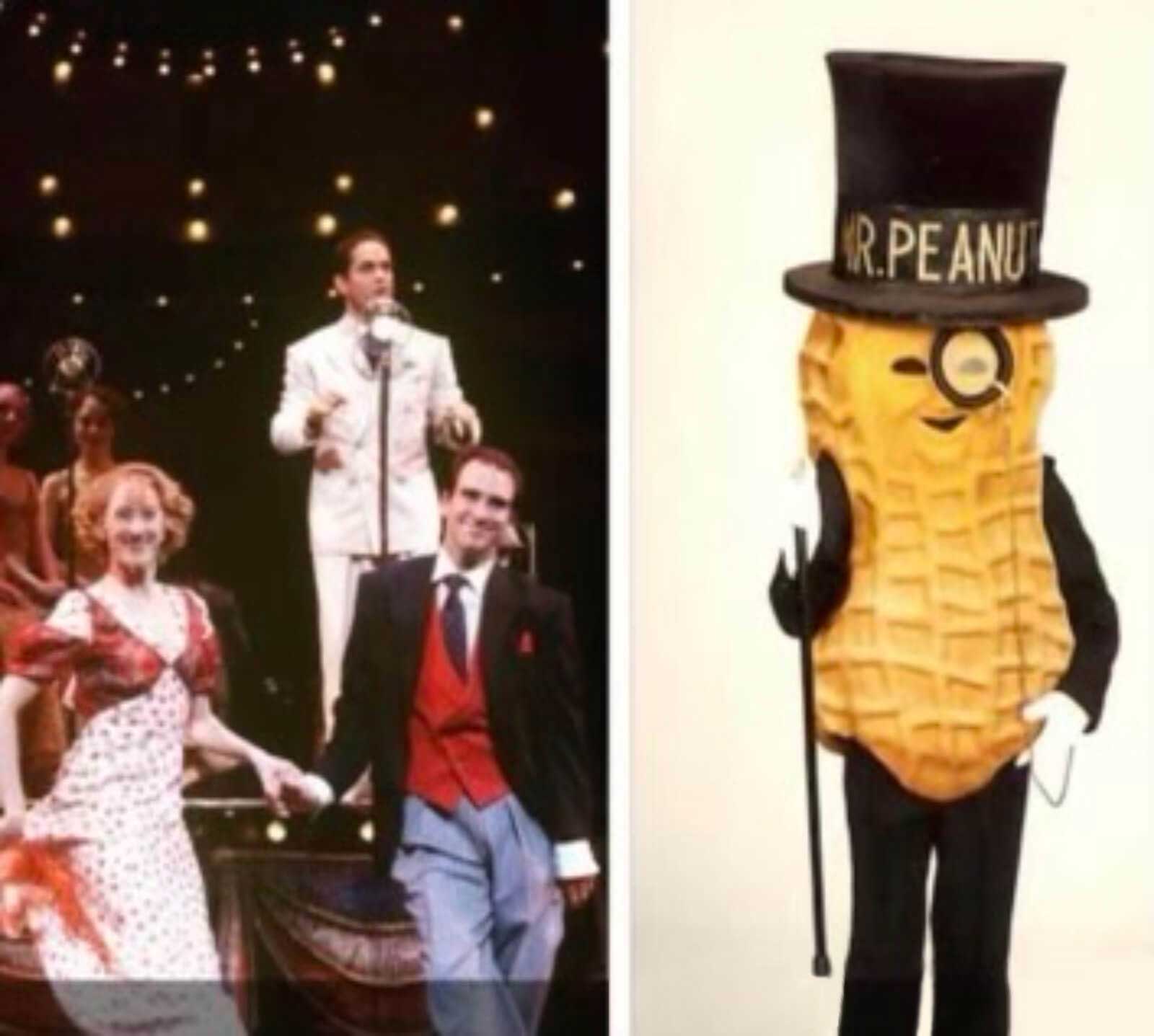 Collage shows Valerie Wright dancing downstage with Brad Bradley, with Gregory Harrison on stage with a microphone above them; second photo shows Brad Bradley dressed in a Mr. Peanut costume complete with top hat, cane, and monacle. 