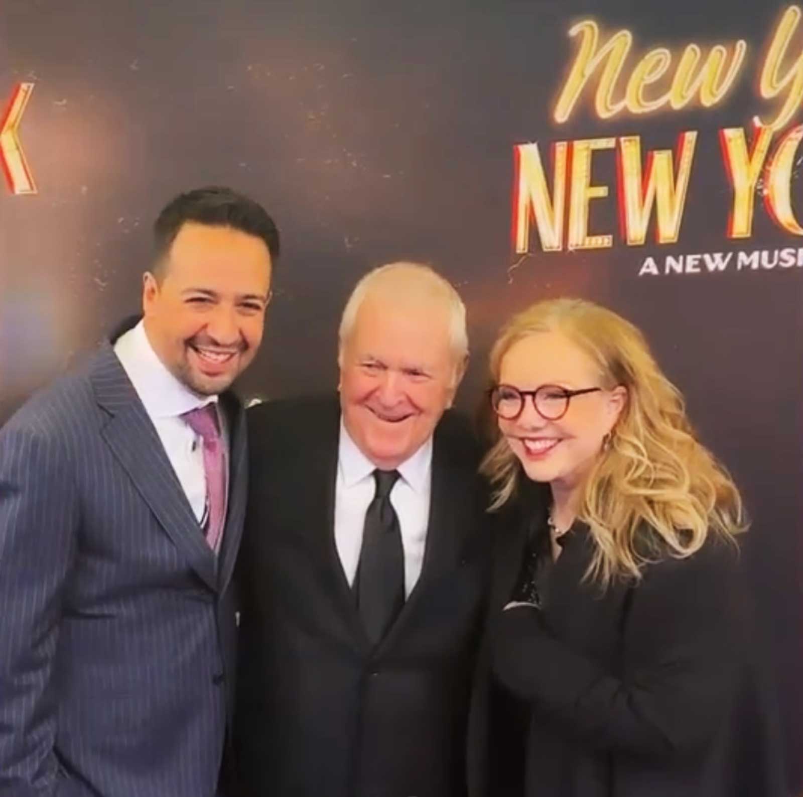 Opening Night with Lin-Manuel Miranda, John Kander, and Susan Stroman. They stand together on the red carpet elegantly dressed.