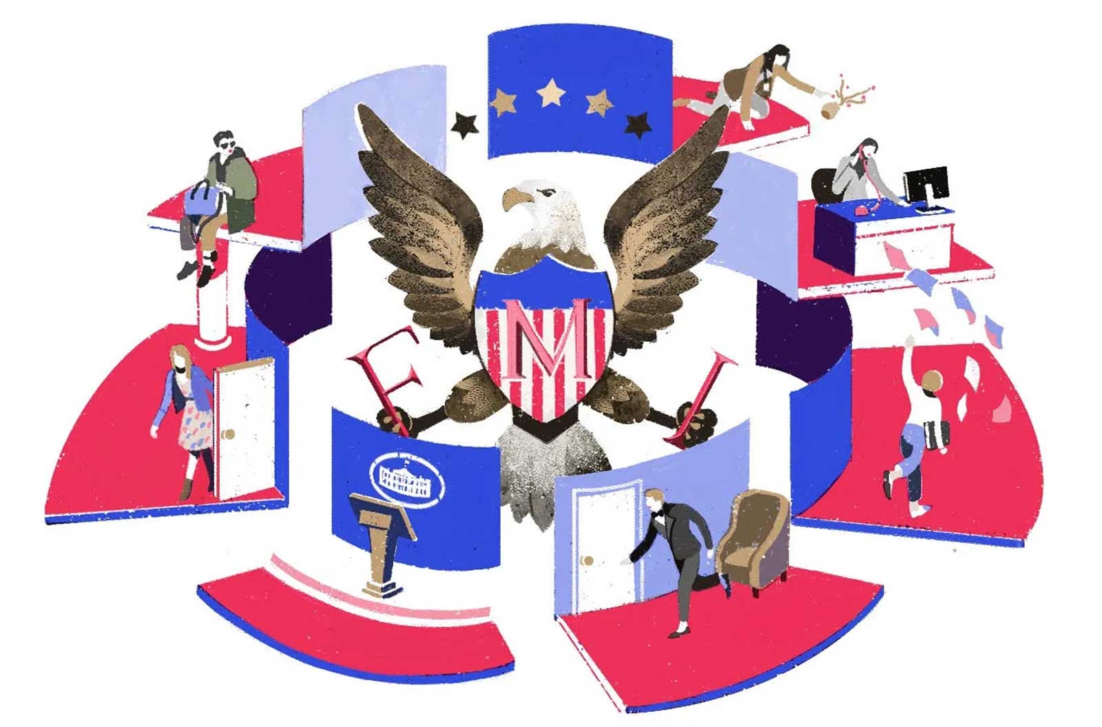 A Lia Liao illustration of Beowulf Boritt’s turntable set of the Broadway play POTUS. A bald eagle is in the center holding a shield and displaying/holding the letters "FML." It is surround by a circular set with blue walls and red carpets (creating a red, white, and blue pallete) displaying the female characters in different scenarios and spaces within the fictional White House.