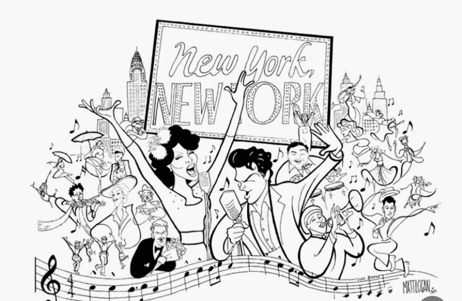 Matt Logan's illustration of New York, New York shows a caricature style. The black and white line drawing depicts the two leads singing in front of the neon New York, New York sign. You can see the citizens of NYC (some singing and dancing) in the background as well as the signature skyline.