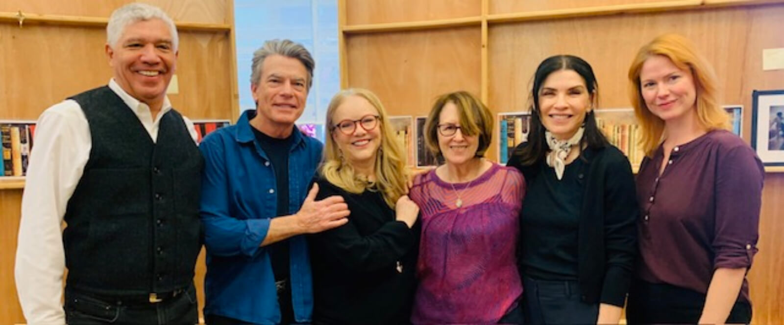 Photos of Peter Francis James, Peter Gallagher, Susan Stroman, Delia Ephron, Julianna Margulies, Kate MacCluggage standing together in rehearsal room.