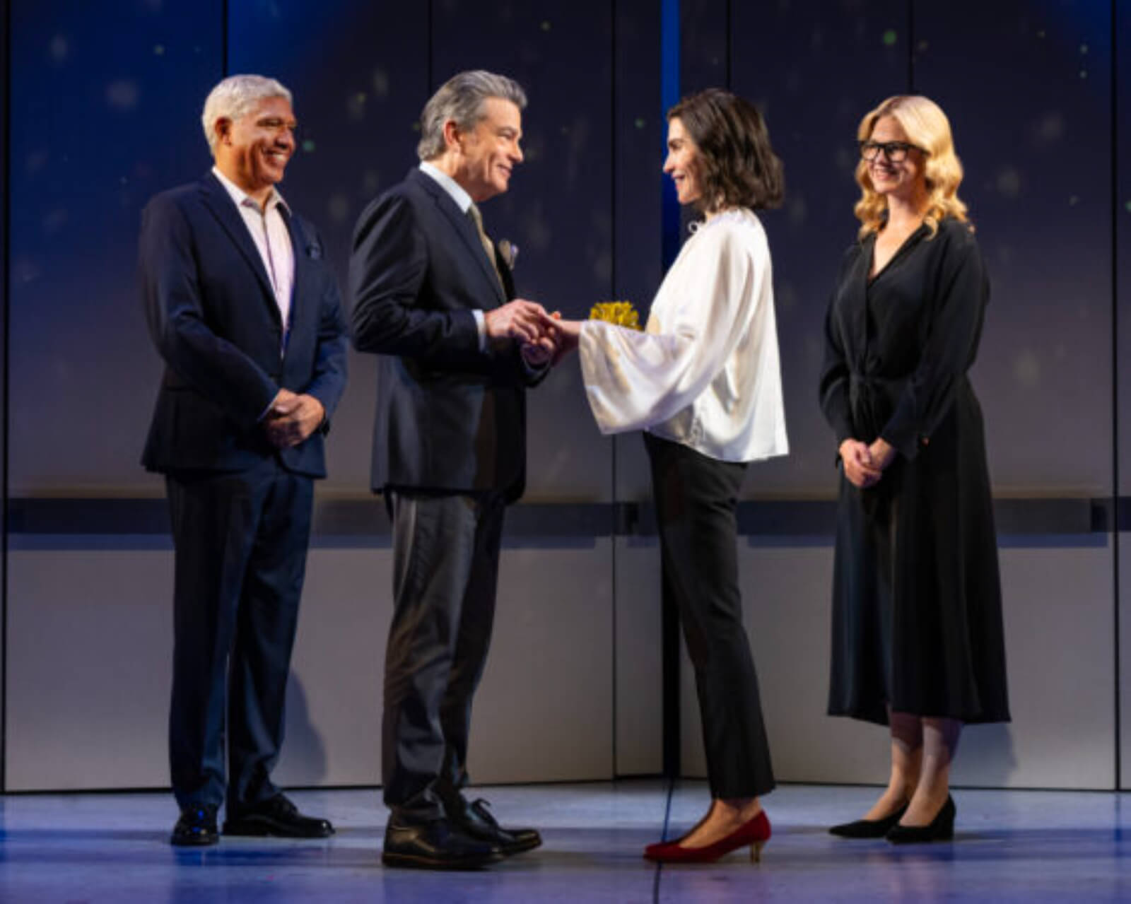 Peter Francis James, Peter Gallagher, Julianna Margulies and Kate MacCluggage in Left on Tenth. (Photo by Joan Marcus)
