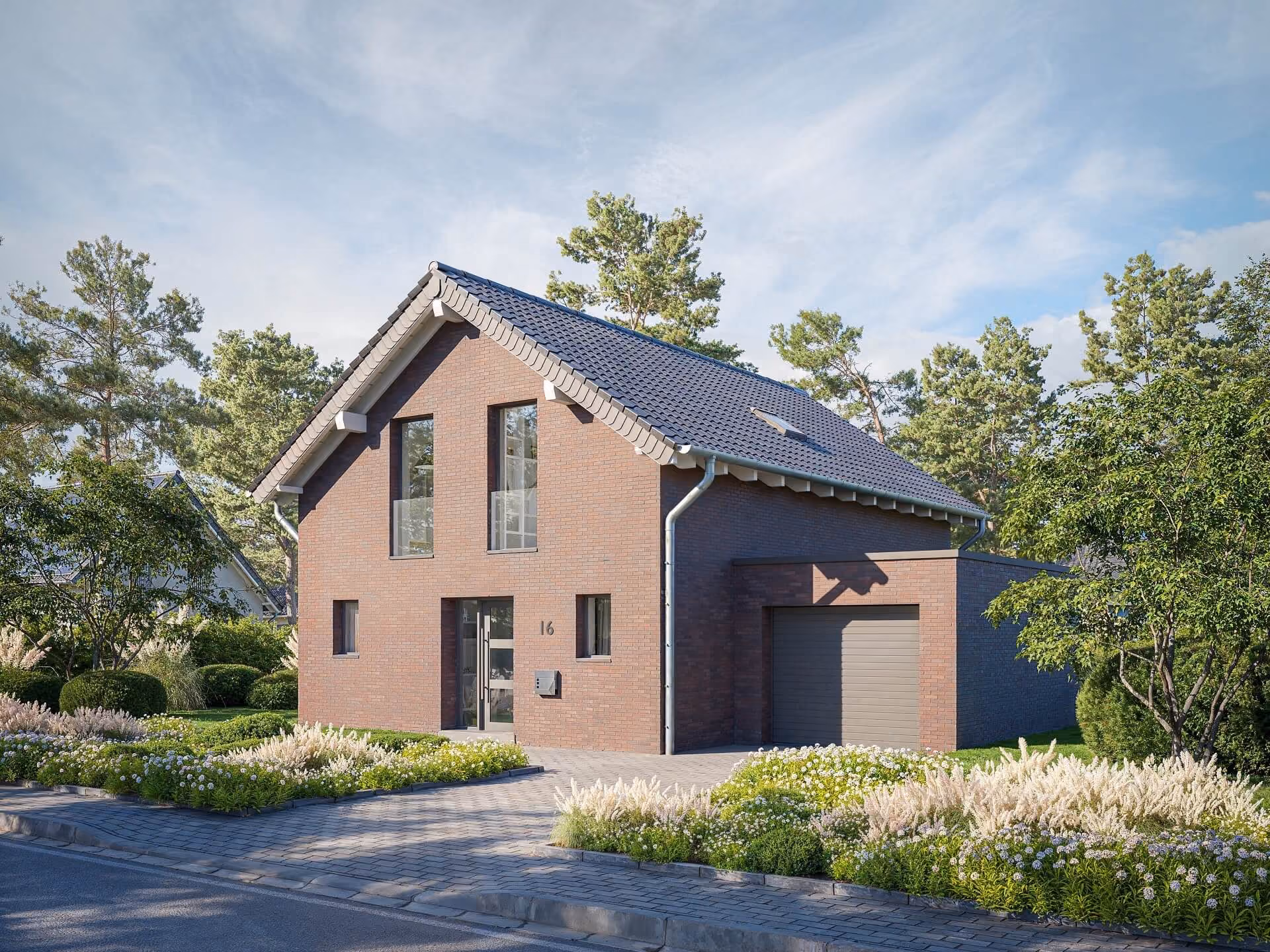 Modern zweistöckiges Haus aus rotem Backstein mit Garage und gepflegtem Garten unter blauem Himmel.