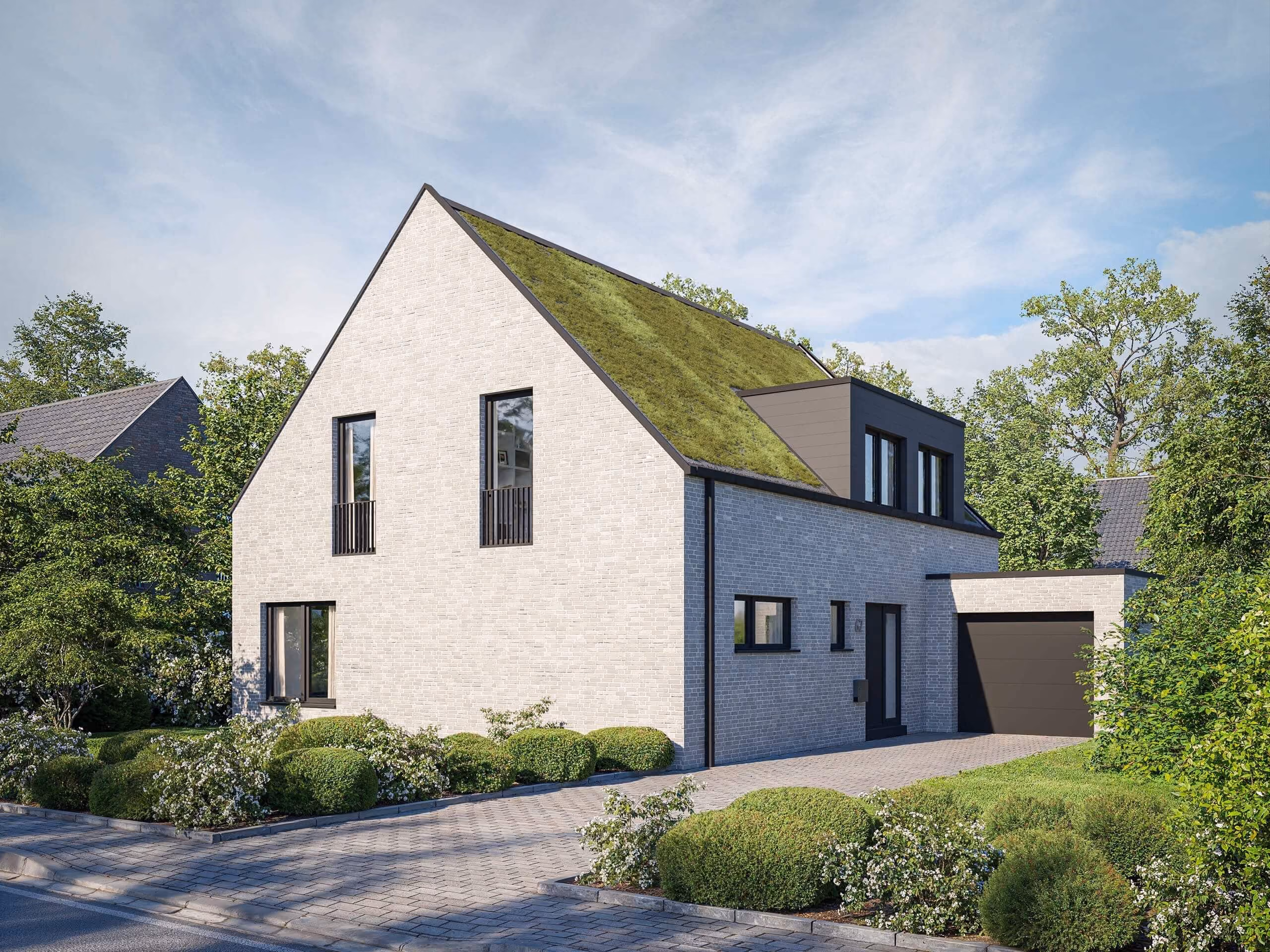 Modernes Einfamilienhaus mit begrüntem Satteldach und angrenzender Garage in gepflegtem Garten.
