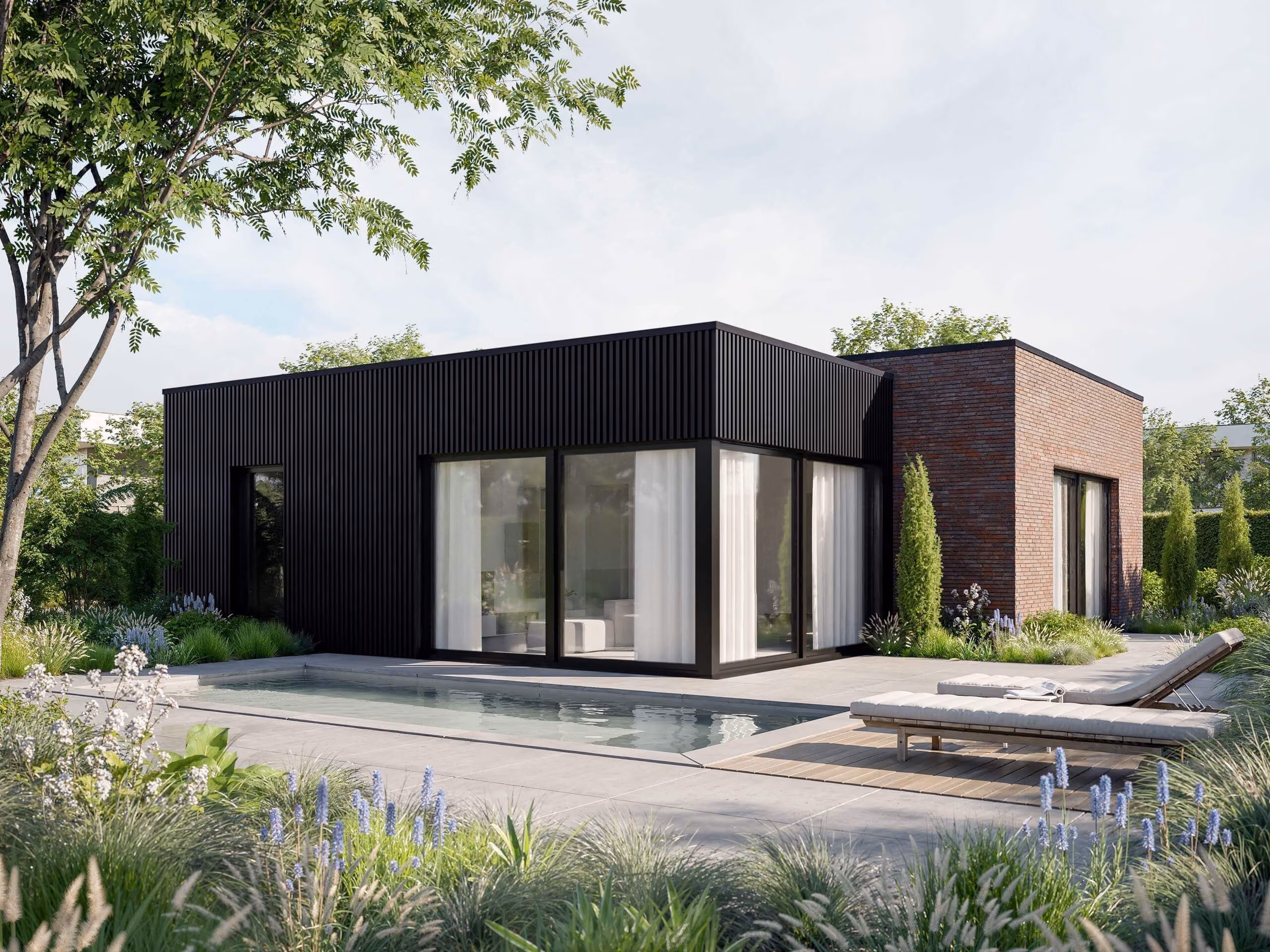 Modern house with black and brick exterior by a pool surrounded by greenery and lounge chairs.