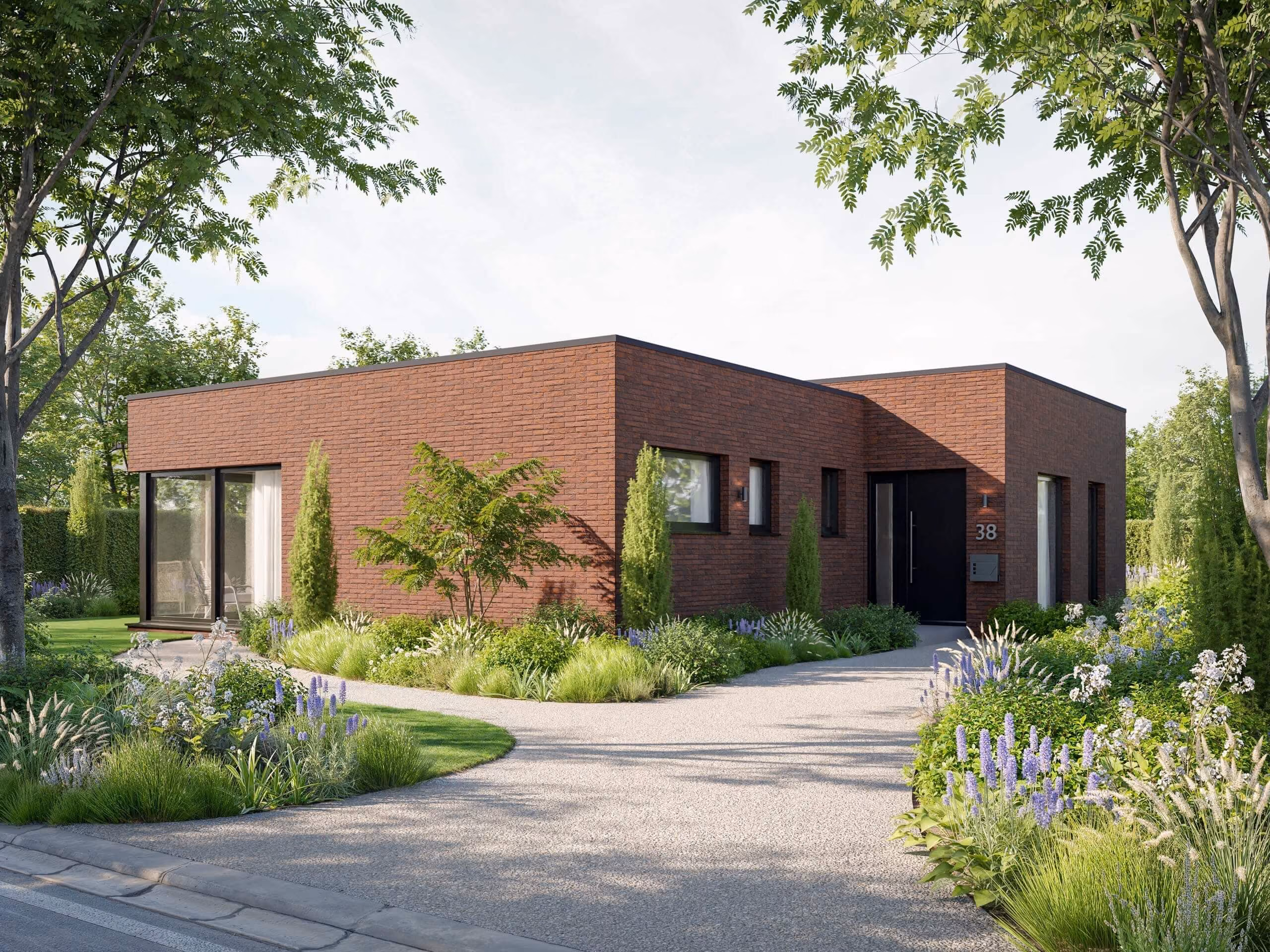 Modern einstöckiges Haus aus roten Ziegeln mit großen Fenstern und gepflegtem Garten.