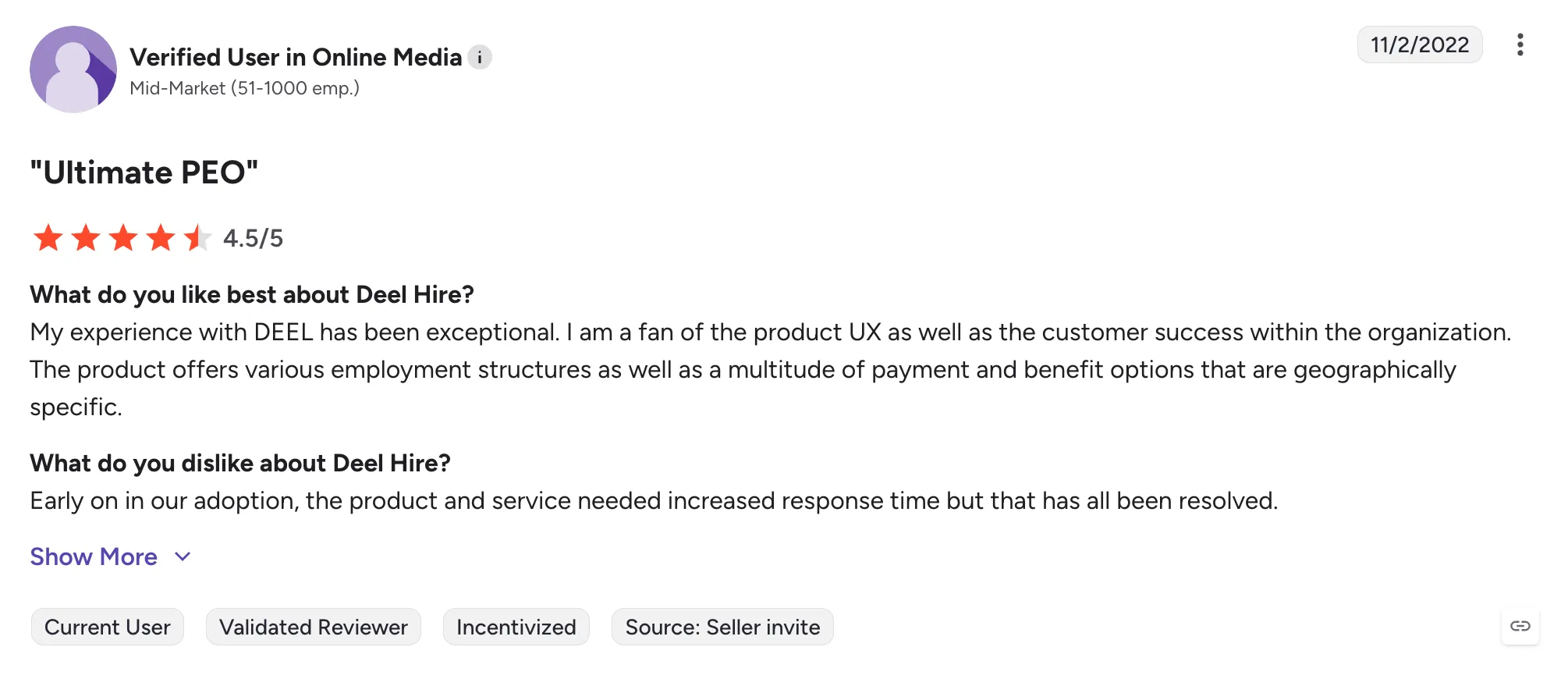 Positive Deel Customer Review