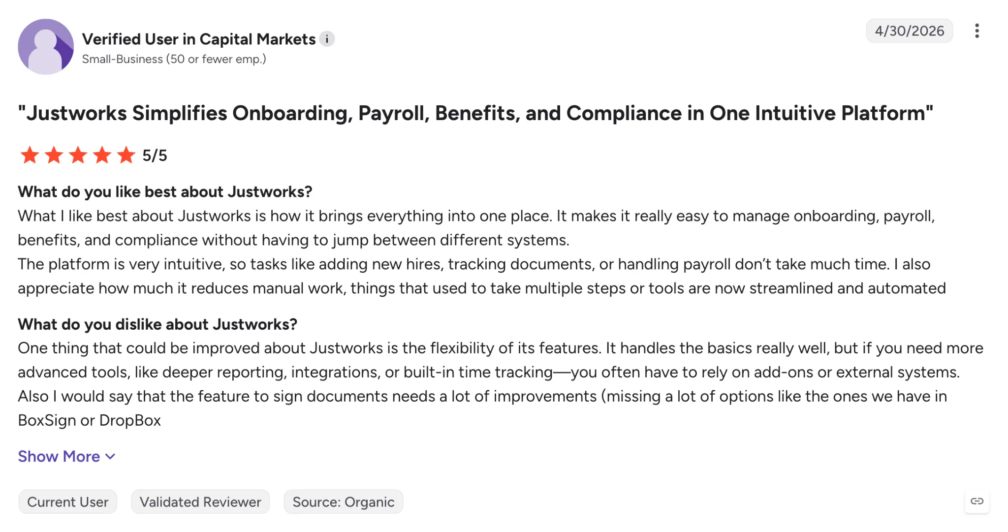 A customer's review about Justworks