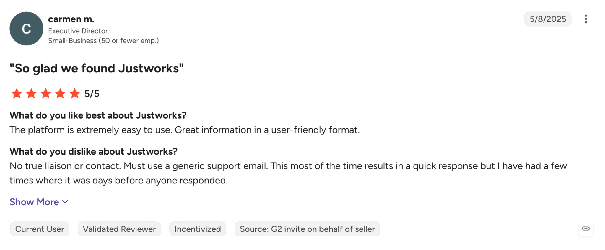 A customer's review about Justworks