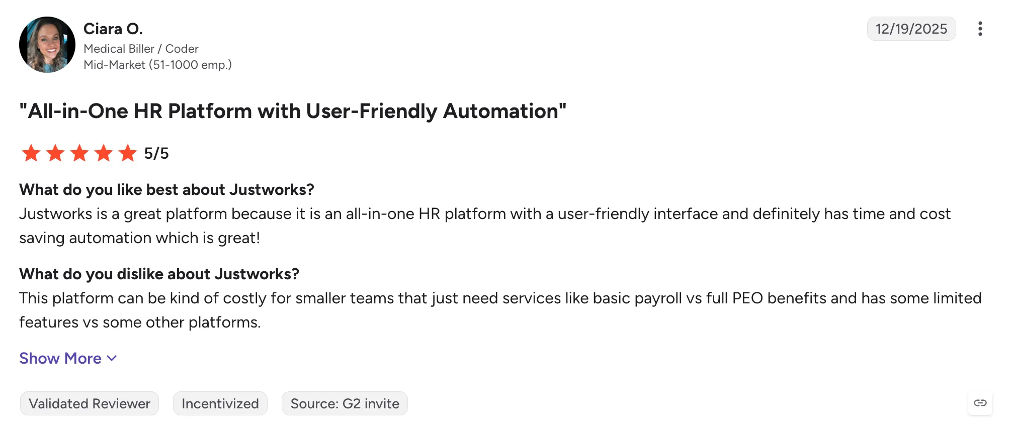 A customer's review about Justworks