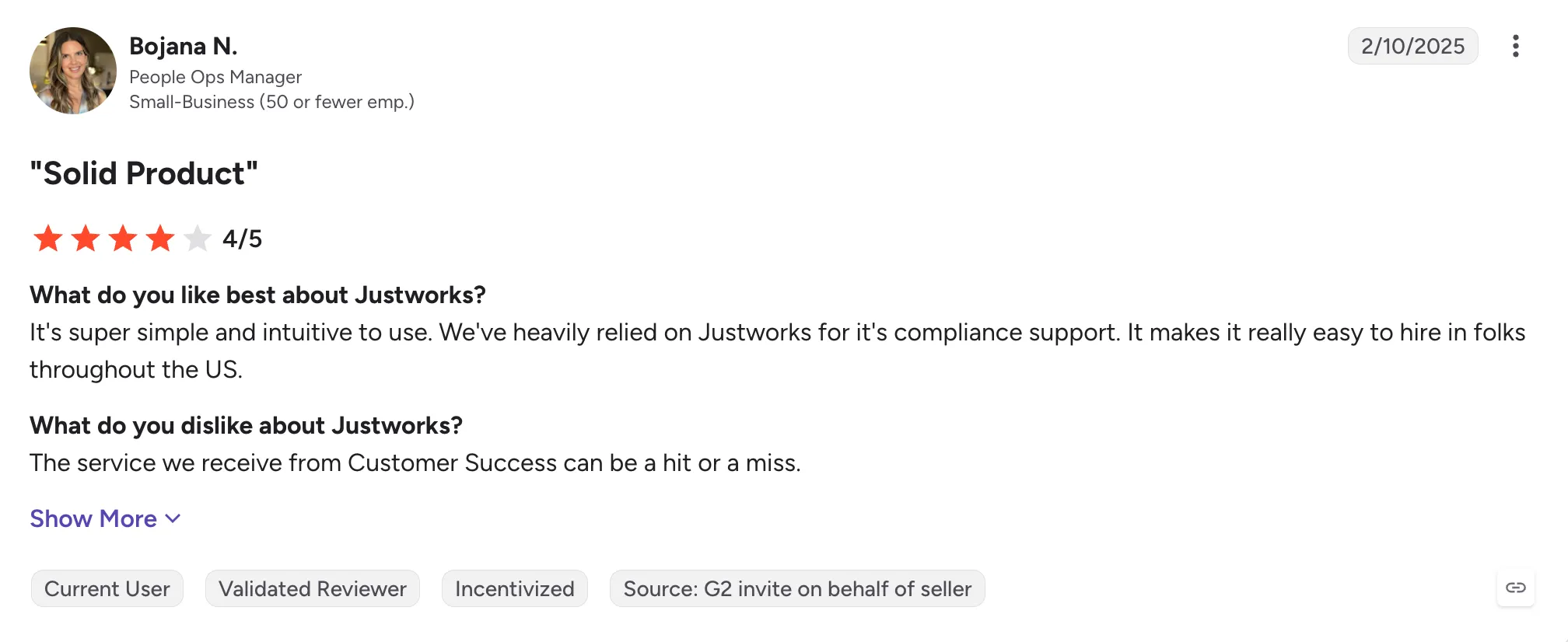 A customer's review about Justworks