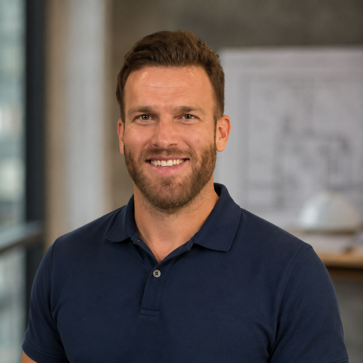 Smiling man with short brown hair and beard wearing a navy blue polo shirt indoors.