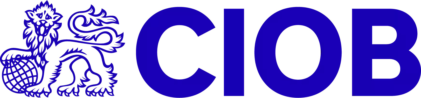 Blue lion emblem next to large blue letters CIOB on black background.