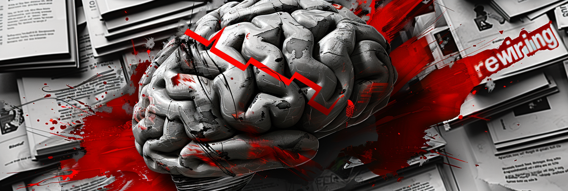 A grayscale human brain resting on a pile of open books, with red paint splatter and the word “rewiring” in a red splash