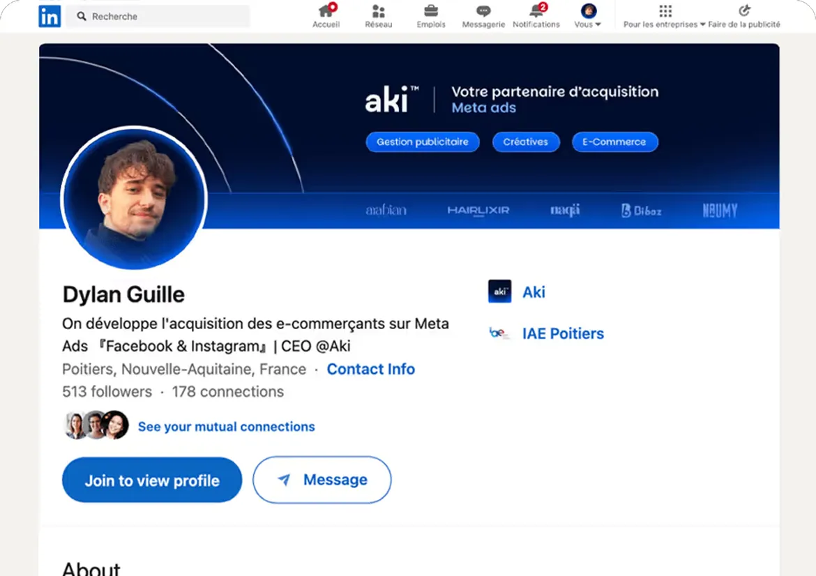 Linkedin Dylan Guille — fondateur Aki, expert Meta Ads e-commerce