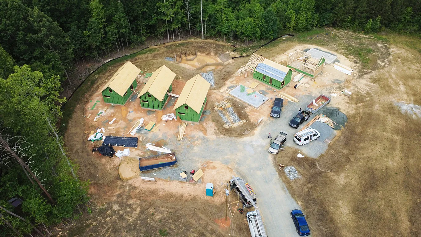 Aerial view of the tiny home community under construction at Benevolence Farm
