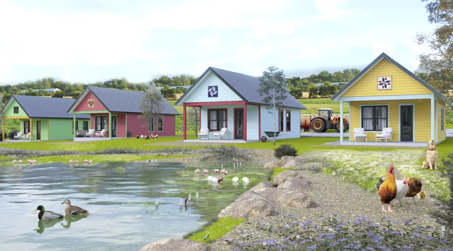 Rendering of the tiny homes planned at Benevolence Farm, beside a pond