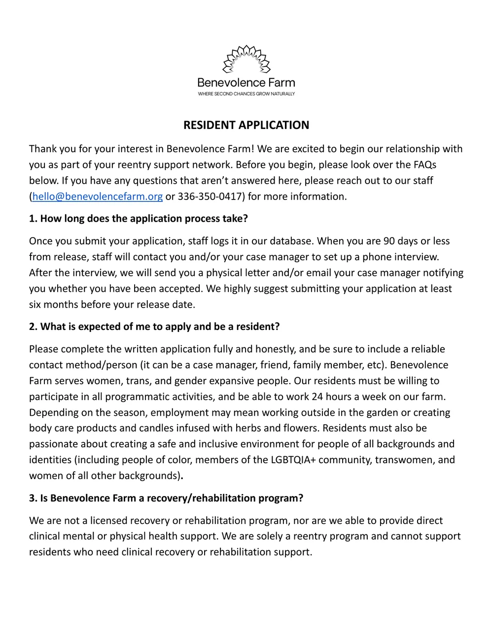 First page of the Benevolence Farm resident application