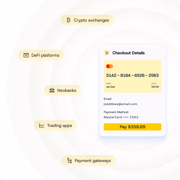 Checkout details screen showing MasterCard payment for $358.89 with surrounding tags for crypto exchanges, DeFi platforms, Neobanks, trading apps, and payment gateways.