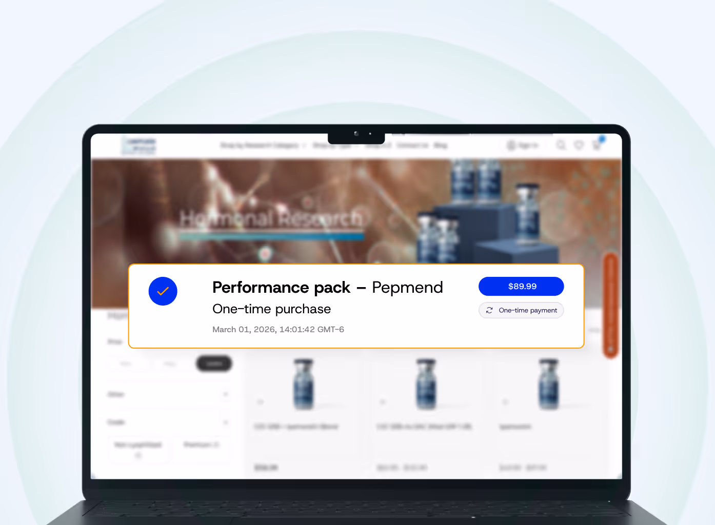 Laptop screen showing a purchase selection for Performance pack Pepmend, priced at $89.99 as a one-time payment.