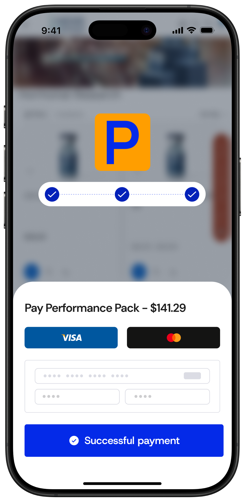 Mobile payment screen showing a $141.29 charge for Performance Pack with options to pay by Visa or Mastercard and a confirmation message of successful payment.