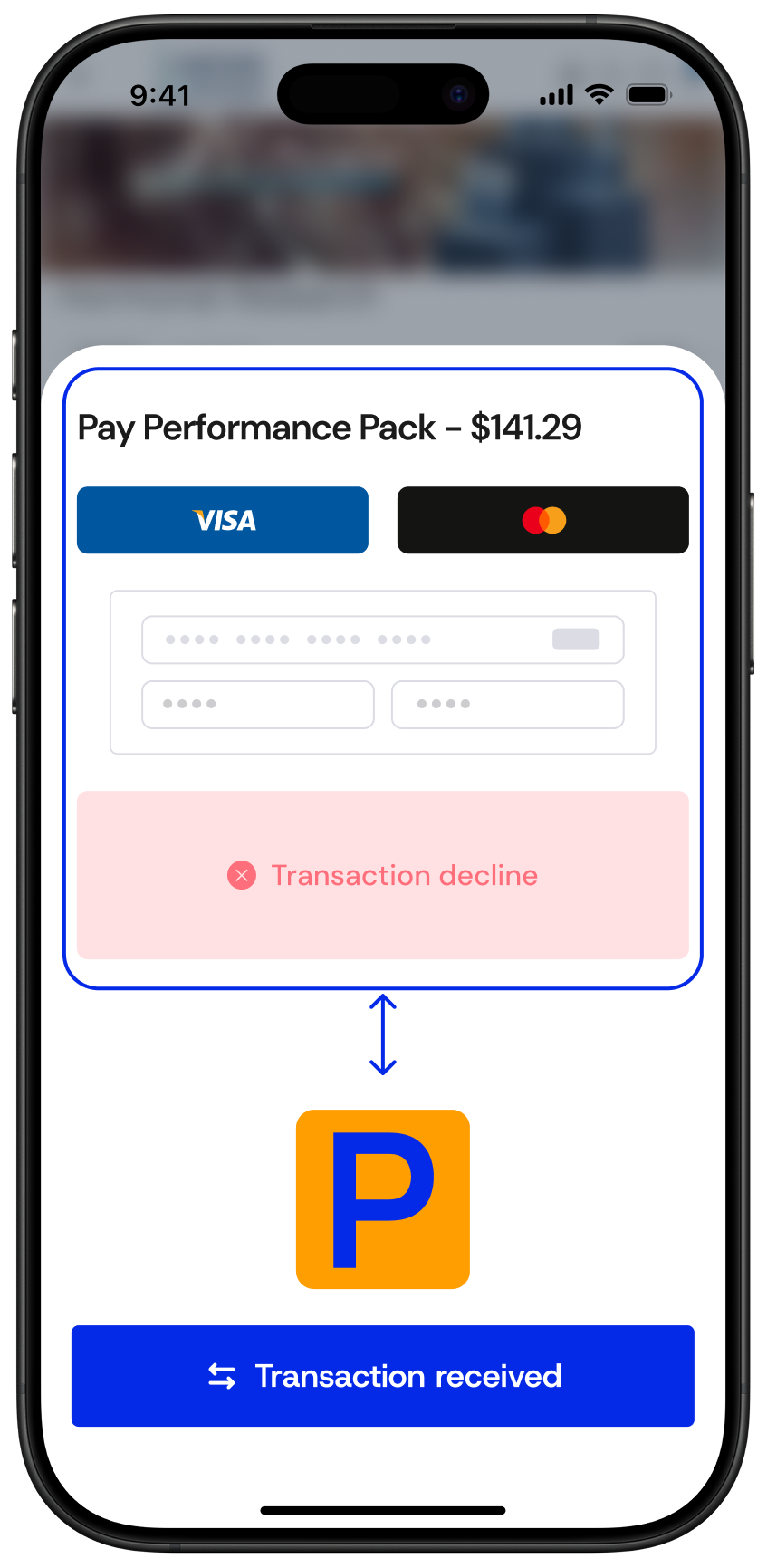 Payment form showing a declined transaction message for a $141.29 performance pack, with Visa and Mastercard options and a confirmation button labeled 'Transaction received'.