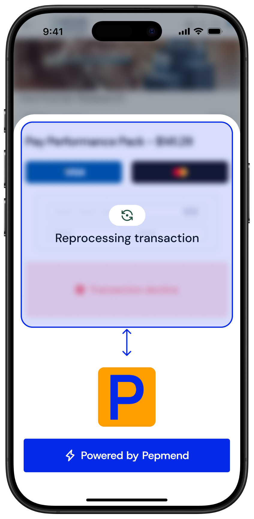 Interface showing a payment processing screen with the text 'Reprocessing transaction', a highlighted P logo below, and a blue bar at the bottom stating 'Powered by Pepmend.'