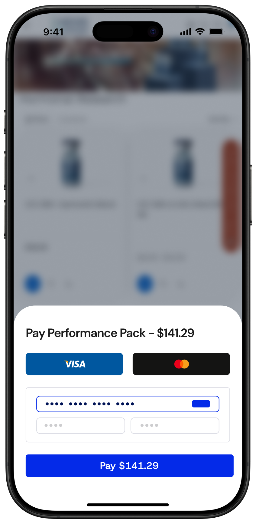 Payment screen showing Pay Performance Pack for $141.29 with options to pay via Visa or Mastercard and a blue Pay button.