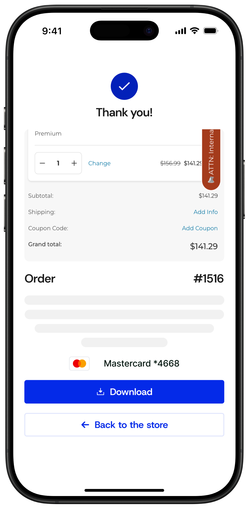 Order confirmation screen showing a thank you message, order details with subtotal $141.29, Mastercard ending in 4668, and buttons for download and back to store.