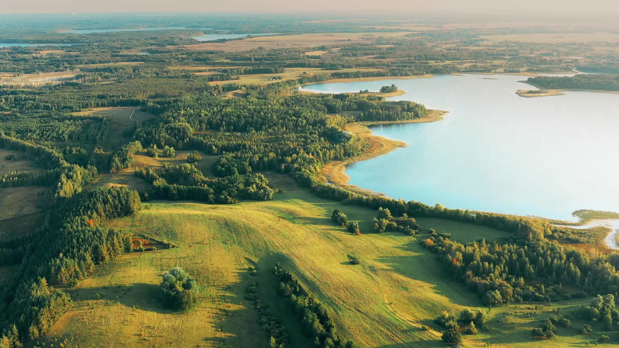 Aerial view of a green forest and fields beside a large calm blue lake under a hazy sky.