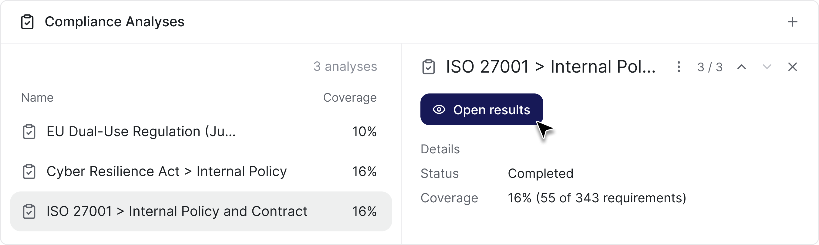ComplyDo compliance analyses overview with status and coverage