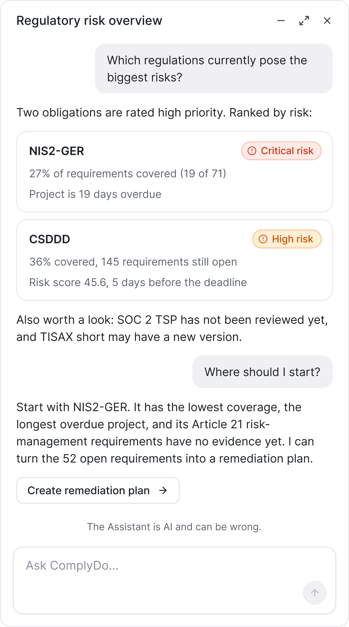 Ask ComplyDo answer showing the obligations with the highest risk