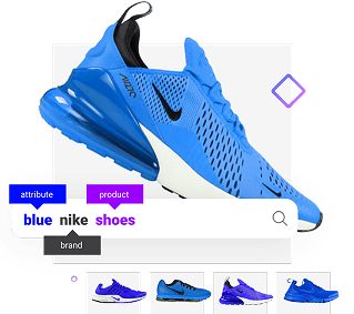 Blue Nike Air Max athletic shoe shown with search tags for 'blue Nike shoes'.